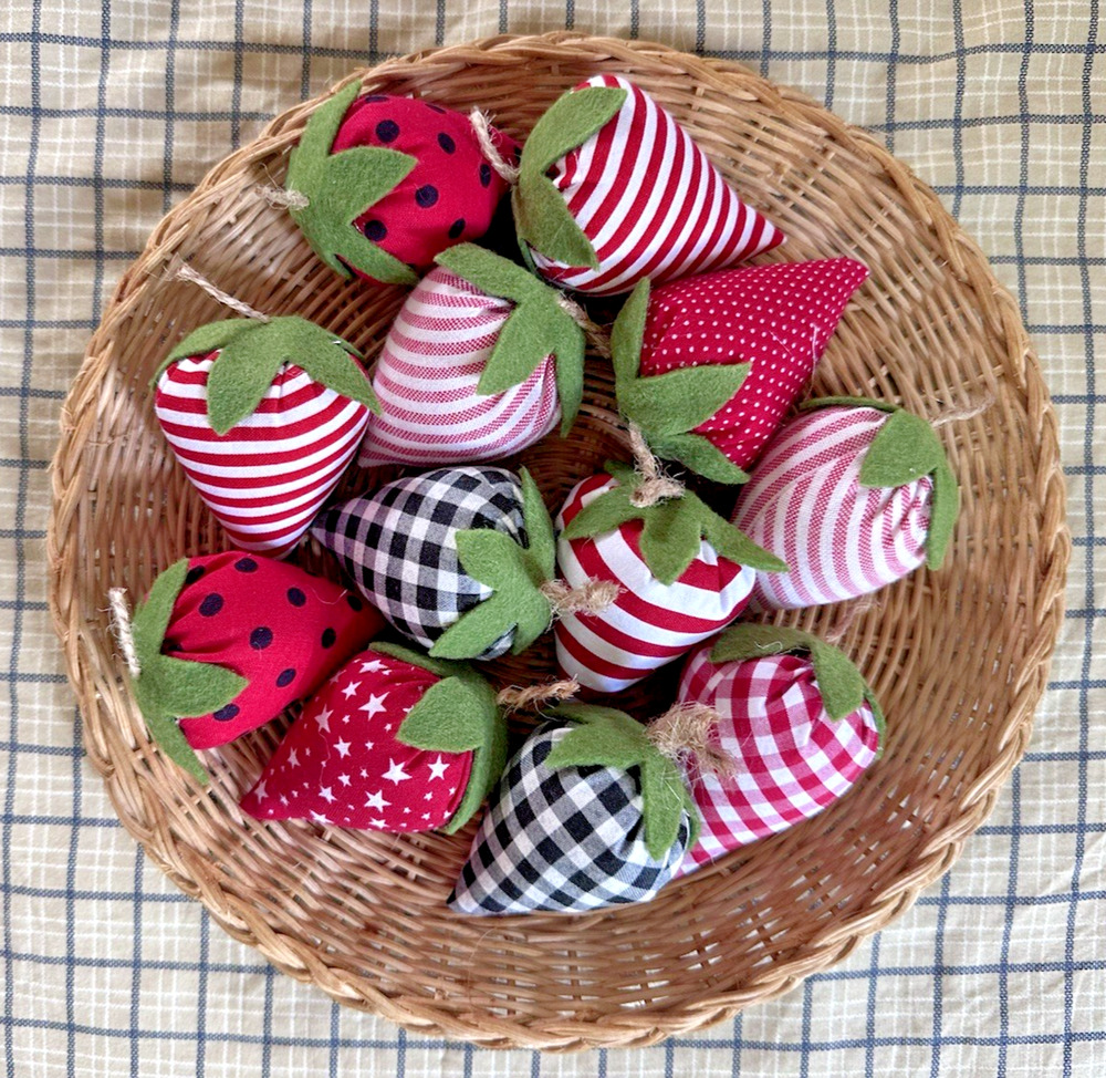 Handmade Group of 12 Primitive Fabric Strawberries Bowl Fillers Reds